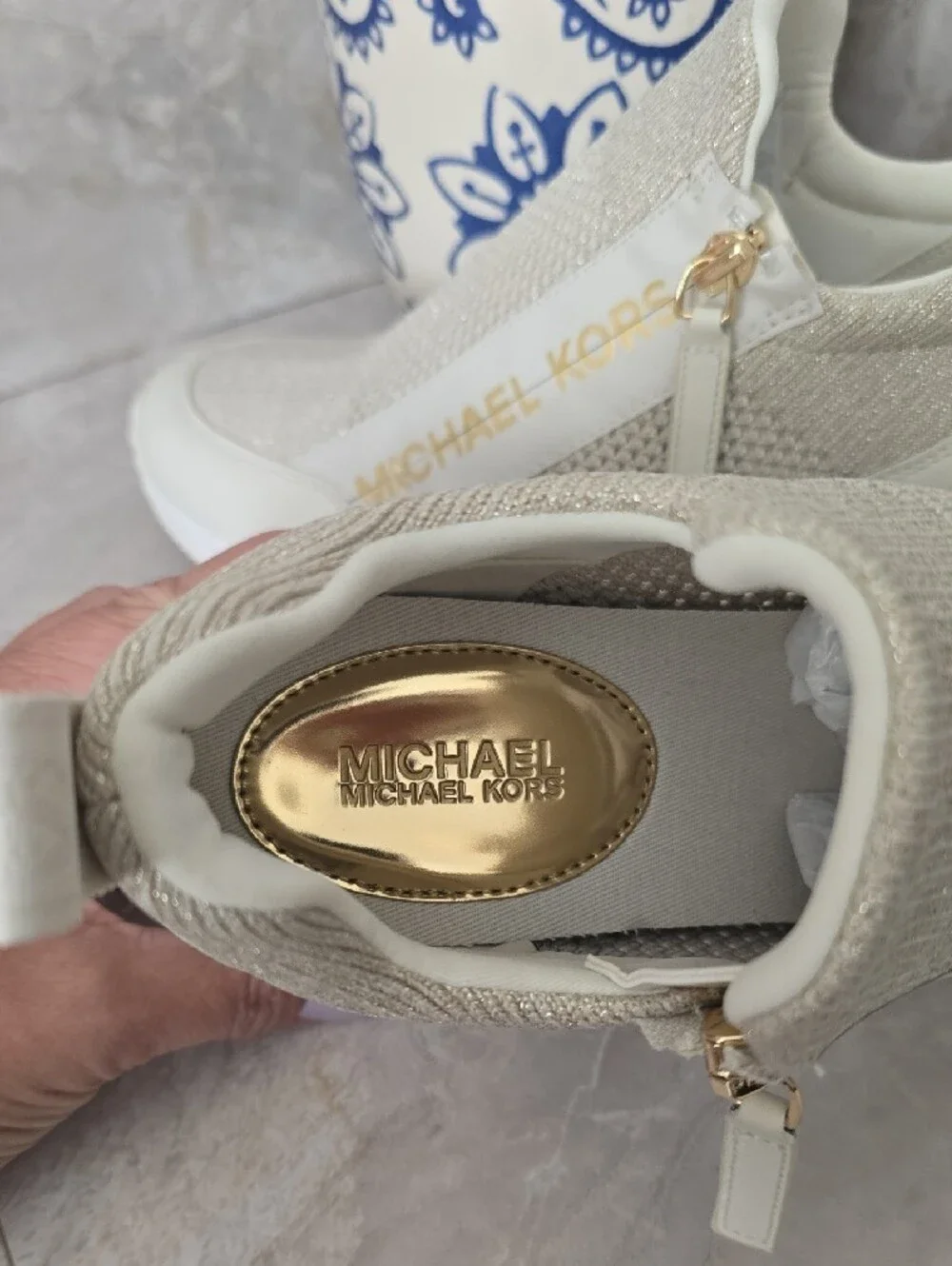 Michael Kors Willis Metallic Stretch Knit Wedge Trainer Sneakers Champagne 7.5